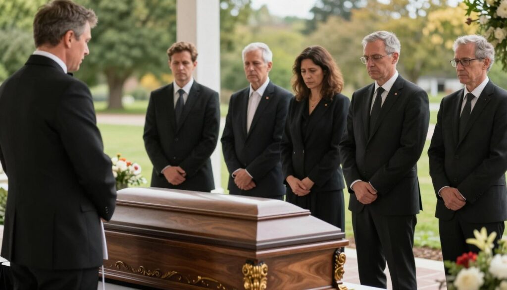 A serene and respectful funeral setting depicting a cremation ceremony. In the foreground, a well-dressed officiant is standing beside a elegant cremation urn, with soft lighting highlighting the urn’s intricate details. In the middle ground, a small group of mourners in professional attire are gathered, expressing a mix of sorrow and contemplation. The background features a tranquil outdoor environment with gentle greenery and blooming flowers, symbolizing peace and remembrance. The lighting is soft and warm, creating a somber yet hopeful atmosphere. Capture the essence of thoughtful reflection and respect for the deceased, ensuring the scene evokes a sense of calm and dignity. A serene and respectful funeral setting depicting a cremation ceremony. In the foreground, a well-dressed officiant is standing beside a elegant cremation urn, with soft lighting highlighting the urn’s intricate details. In the middle ground, a small group of mourners in professional attire are gathered, expressing a mix of sorrow and contemplation. The background features a tranquil outdoor environment with gentle greenery and blooming flowers, symbolizing peace and remembrance. The lighting is soft and warm, creating a somber yet hopeful atmosphere. Capture the essence of thoughtful reflection and respect for the deceased, ensuring the scene evokes a sense of calm and dignity.