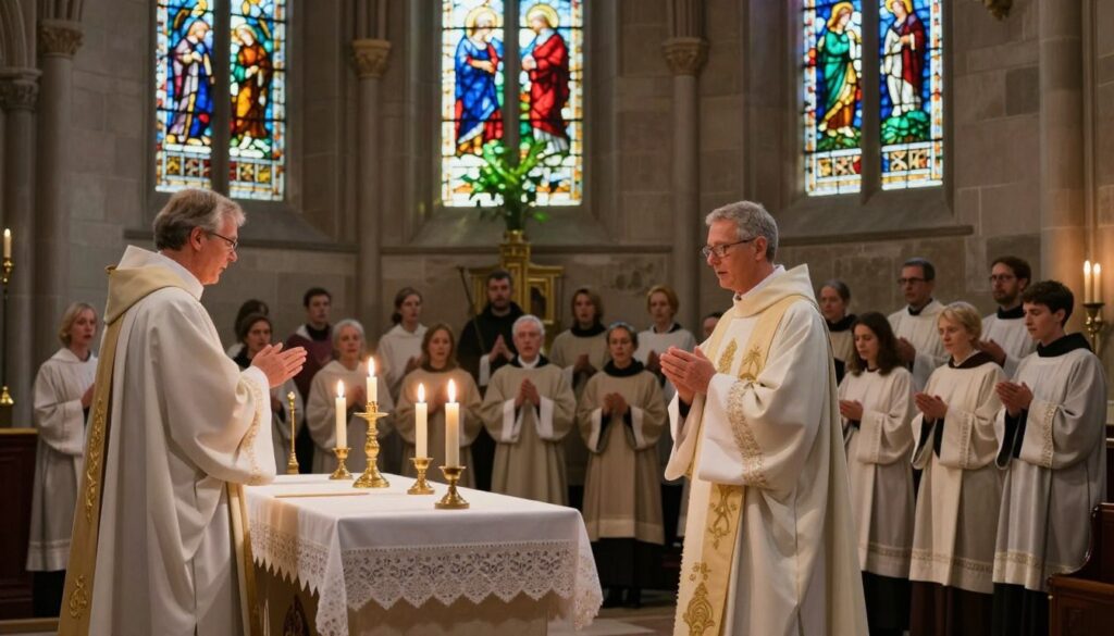 A serene and reverent scene depicting a Gregorian mass in a beautifully illuminated chapel. In the foreground, a priest in elegant traditional vestments is standing at an ornate altar, surrounded by softly glowing candles, creating a warm atmosphere. The middle ground features a small choir of singers in modest attire, harmonizing with angelic expressions, while delicate stained-glass windows cast colorful light patterns across the stone walls. In the background, a hint of lush greenery is visible through the window, symbolizing tranquility and divine connection. The lighting is soft and ethereal, enhancing the spiritual ambiance. Capture this moment from a slightly elevated angle, focusing on the harmonious blend of devotion, tradition, and a sense of peace. A serene and reverent scene depicting a Gregorian mass in a beautifully illuminated chapel. In the foreground, a priest in elegant traditional vestments is standing at an ornate altar, surrounded by softly glowing candles, creating a warm atmosphere. The middle ground features a small choir of singers in modest attire, harmonizing with angelic expressions, while delicate stained-glass windows cast colorful light patterns across the stone walls. In the background, a hint of lush greenery is visible through the window, symbolizing tranquility and divine connection. The lighting is soft and ethereal, enhancing the spiritual ambiance. Capture this moment from a slightly elevated angle, focusing on the harmonious blend of devotion, tradition, and a sense of peace.