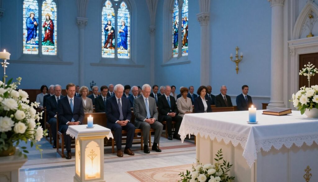 A serene and tranquil blue-themed church interior, showcasing a beautifully decorated altar adorned with delicate white flowers and soft blue candles, symbolizing heavenly intentions. In the foreground, a glowing altar with a small, elegant table featuring a candle and a prayer book, inviting contemplation. The middle ground depicts a modest congregation of diverse individuals dressed in professional business attire, respectfully engaged in prayer, with expressions of hope and reverence. In the background, large stained-glass windows filter soft blue and white light, casting a divine ambiance throughout the space. The image utilizes warm, soft lighting to create a peaceful and spiritual atmosphere, shot from a slight low angle to emphasize the grandeur of the environment without overwhelming detail. A serene and tranquil blue-themed church interior, showcasing a beautifully decorated altar adorned with delicate white flowers and soft blue candles, symbolizing heavenly intentions. In the foreground, a glowing altar with a small, elegant table featuring a candle and a prayer book, inviting contemplation. The middle ground depicts a modest congregation of diverse individuals dressed in professional business attire, respectfully engaged in prayer, with expressions of hope and reverence. In the background, large stained-glass windows filter soft blue and white light, casting a divine ambiance throughout the space. The image utilizes warm, soft lighting to create a peaceful and spiritual atmosphere, shot from a slight low angle to emphasize the grandeur of the environment without overwhelming detail.