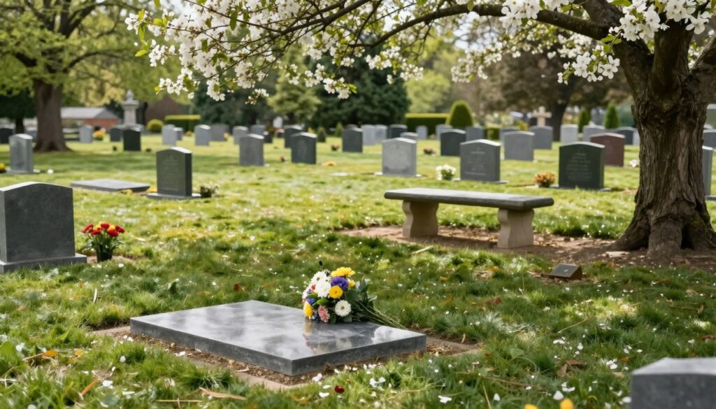 A serene cemetery scene depicting a reserved plot for burial. In the foreground, a neatly maintained grave marker with a small bouquet of flowers placed in front, symbolizing remembrance. In the middle ground, a stone bench under a blooming tree, inviting contemplation. The background features rows of well-kept gravestones amidst lush greenery, with soft sunlight filtering through the leaves, creating a peaceful, reflective atmosphere. The setting is tranquil and respectful, suggesting the importance of planning for the future. The angle is slightly elevated, offering a comprehensive view of the reserved site, with a soft focus to enhance the mood of serenity and anticipation. A serene cemetery scene depicting a reserved plot for burial. In the foreground, a neatly maintained grave marker with a small bouquet of flowers placed in front, symbolizing remembrance. In the middle ground, a stone bench under a blooming tree, inviting contemplation. The background features rows of well-kept gravestones amidst lush greenery, with soft sunlight filtering through the leaves, creating a peaceful, reflective atmosphere. The setting is tranquil and respectful, suggesting the importance of planning for the future. The angle is slightly elevated, offering a comprehensive view of the reserved site, with a soft focus to enhance the mood of serenity and anticipation.