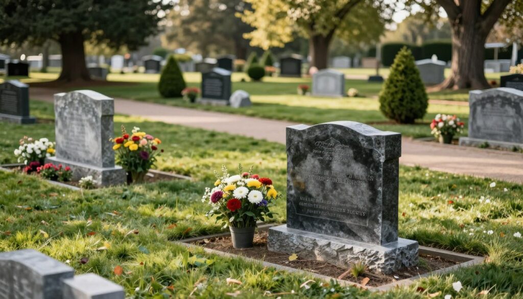 A serene cemetery scene depicting a well-maintained grave site, featuring a weathered gravestone surrounded by neatly arranged flowers and green grass. In the foreground, a polished black granite headstone stands prominently, with engraved details highlighting the significance of burial rights. In the middle ground, peaceful pathways and other graves can be seen, lined with shrubs and decorative stones, conveying a sense of respect and tranquility. The background includes softly blurred trees with dappled sunlight filtering through their leaves, creating a calming atmosphere. The lighting is warm and inviting, giving the scene a gentle, reflective mood. Capture this image from a slightly elevated angle, emphasizing the grave site in an appealing way while allowing the rest of the cemetery to complement it. A serene cemetery scene depicting a well-maintained grave site, featuring a weathered gravestone surrounded by neatly arranged flowers and green grass. In the foreground, a polished black granite headstone stands prominently, with engraved details highlighting the significance of burial rights. In the middle ground, peaceful pathways and other graves can be seen, lined with shrubs and decorative stones, conveying a sense of respect and tranquility. The background includes softly blurred trees with dappled sunlight filtering through their leaves, creating a calming atmosphere. The lighting is warm and inviting, giving the scene a gentle, reflective mood. Capture this image from a slightly elevated angle, emphasizing the grave site in an appealing way while allowing the rest of the cemetery to complement it.