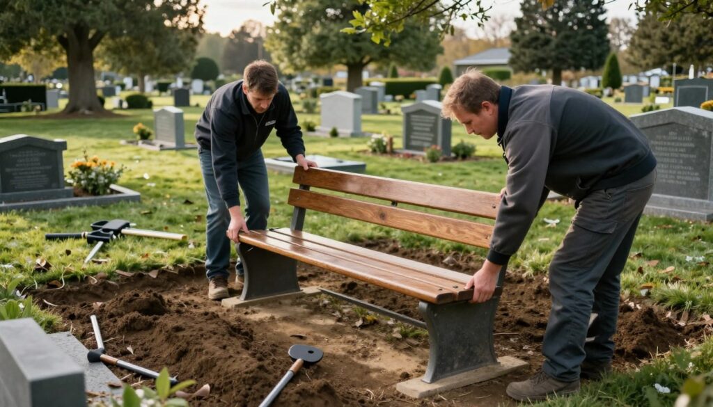 A serene cemetery scene featuring the installation of a memorial bench. In the foreground, skilled workers in professional attire carefully position a beautifully crafted bench made of polished wood and metal. The middle ground showcases an arrangement of freshly dug earth around the bench and scattered tools. In the background, peaceful gravestones and lush greenery create a tranquil atmosphere, illuminated by soft, natural light from a gentle afternoon sun. The scene captures a respectful ambiance, emphasizing the importance of the installation process. Utilize a slightly elevated angle to capture both the bench and the workers’ expressions of concentration and care, reflecting the emotional significance of this service. The overall mood is calm and reflective, inviting contemplation of the setting. A serene cemetery scene featuring the installation of a memorial bench. In the foreground, skilled workers in professional attire carefully position a beautifully crafted bench made of polished wood and metal. The middle ground showcases an arrangement of freshly dug earth around the bench and scattered tools. In the background, peaceful gravestones and lush greenery create a tranquil atmosphere, illuminated by soft, natural light from a gentle afternoon sun. The scene captures a respectful ambiance, emphasizing the importance of the installation process. Utilize a slightly elevated angle to capture both the bench and the workers’ expressions of concentration and care, reflecting the emotional significance of this service. The overall mood is calm and reflective, inviting contemplation of the setting.