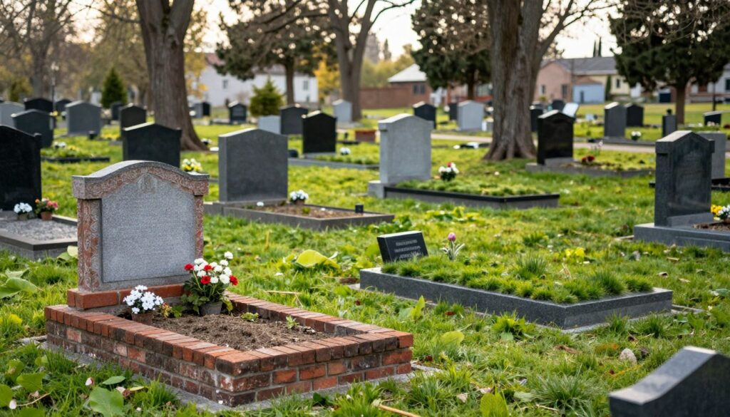 A serene cemetery scene showcasing both earthen and brick graves in Wólka Węglowa. In the foreground, a beautifully maintained brick grave with decorative flowers and a small, elegant headstone, exuding a sense of peace. To the side, an earthen grave, covered with vibrant green grass and surrounded by trees, illustrating a more traditional style. The middle ground features a variety of graves, creating a tapestry of textures and colors, evoking feelings of remembrance. In the background, soft sunlight breaks through the branches, casting gentle shadows and a tranquil atmosphere. The image should have a soft focus, reminiscent of a late afternoon, adding warmth and calmness to the scene, ideal for reflecting on the costs associated with burial plots. A serene cemetery scene showcasing both earthen and brick graves in Wólka Węglowa. In the foreground, a beautifully maintained brick grave with decorative flowers and a small, elegant headstone, exuding a sense of peace. To the side, an earthen grave, covered with vibrant green grass and surrounded by trees, illustrating a more traditional style. The middle ground features a variety of graves, creating a tapestry of textures and colors, evoking feelings of remembrance. In the background, soft sunlight breaks through the branches, casting gentle shadows and a tranquil atmosphere. The image should have a soft focus, reminiscent of a late afternoon, adding warmth and calmness to the scene, ideal for reflecting on the costs associated with burial plots.