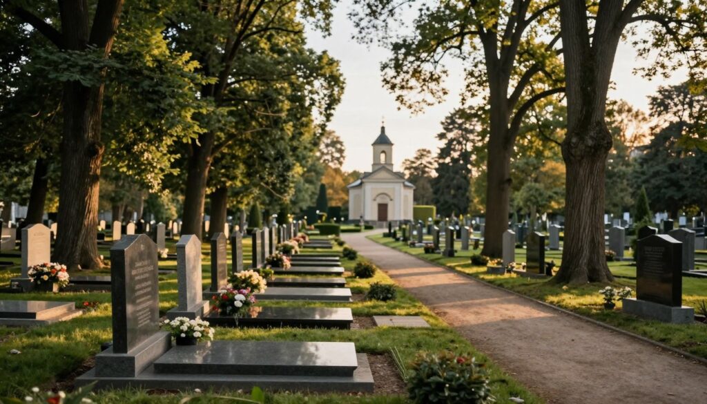 A serene cemetery setting in Warsaw during the golden hour, with warm, soft sunlight filtering through tall, ancient trees. In the foreground, a well-maintained grave plot with elegant headstones, some adorned with fresh flowers, symbolizing remembrance. The middle ground features rows of gravestones, each uniquely designed, with meticulously cared-for grass and paths winding through them. In the background, a peaceful chapel stands quietly, framed by the expansive sky. Capture the tranquility of the scene with an inviting, reflective atmosphere. Use a shallow depth of field to focus on the foreground details while softly blurring the background elements. Overall, convey a mood of solemnity and contemplation, suitable for a respectful discussion of cemetery reservations and regulations. A serene cemetery setting in Warsaw during the golden hour, with warm, soft sunlight filtering through tall, ancient trees. In the foreground, a well-maintained grave plot with elegant headstones, some adorned with fresh flowers, symbolizing remembrance. The middle ground features rows of gravestones, each uniquely designed, with meticulously cared-for grass and paths winding through them. In the background, a peaceful chapel stands quietly, framed by the expansive sky. Capture the tranquility of the scene with an inviting, reflective atmosphere. Use a shallow depth of field to focus on the foreground details while softly blurring the background elements. Overall, convey a mood of solemnity and contemplation, suitable for a respectful discussion of cemetery reservations and regulations.