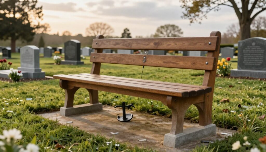 A serene cemetery setting showcasing various methods of securely anchoring a bench to the ground. In the foreground, a beautifully crafted wooden bench is displayed, illustrating different mounting techniques such as concrete footings, metal brackets, and ground anchors. The middle ground features a neatly landscaped area with gravestones and flowers, emphasizing the tranquility of the environment. In the background, soft, diffused sunlight filters through gentle clouds, casting a warm glow over the scene. The angle is slightly elevated, providing a clear view of the bench and installation methods. The atmosphere is peaceful and respectful, suitable for a memorial space, highlighting the importance of durable and functional bench installations without any text or distractions. A serene cemetery setting showcasing various methods of securely anchoring a bench to the ground. In the foreground, a beautifully crafted wooden bench is displayed, illustrating different mounting techniques such as concrete footings, metal brackets, and ground anchors. The middle ground features a neatly landscaped area with gravestones and flowers, emphasizing the tranquility of the environment. In the background, soft, diffused sunlight filters through gentle clouds, casting a warm glow over the scene. The angle is slightly elevated, providing a clear view of the bench and installation methods. The atmosphere is peaceful and respectful, suitable for a memorial space, highlighting the importance of durable and functional bench installations without any text or distractions.