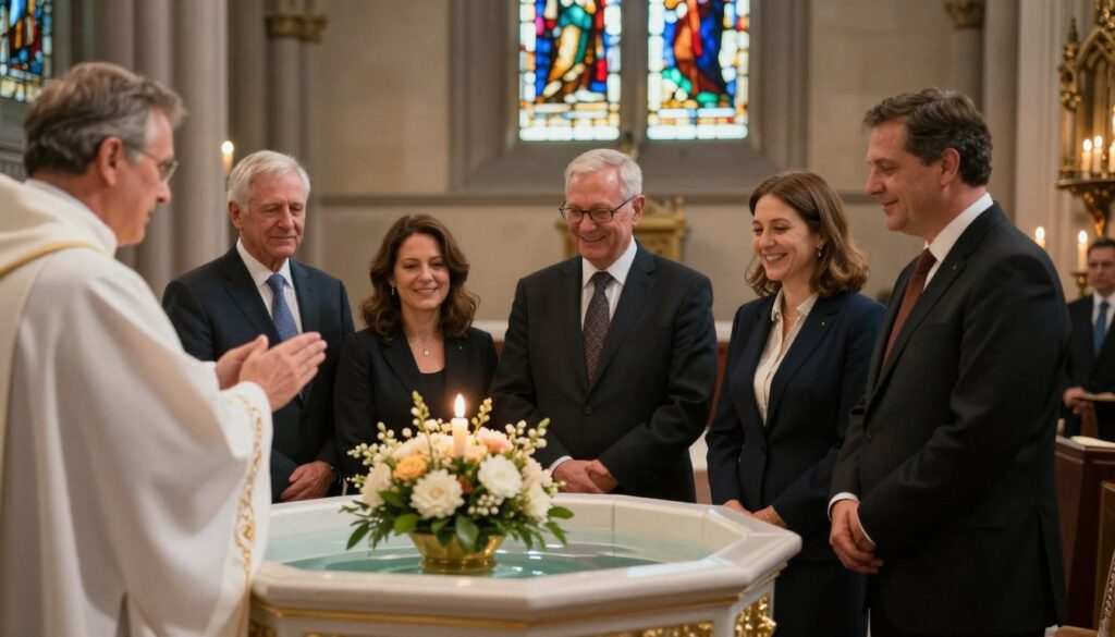 A serene church interior during a baptism ceremony, featuring a beautifully dressed family in professional attire, gathered around a baptismal font. The foreground captures a close-up view of the font adorned with flowers, symbolizing grace and purity. In the middle, the family members are depicted in joyful expressions, with a modestly dressed priest performing the ceremony, creating a warm atmosphere of tradition. The background reveals stained glass windows casting colorful light, enhancing the spiritual ambiance. Soft lighting from candles flickers gently, adding a sense of warmth and reverence. The overall mood is hopeful and reflective, alluding to the impact of inflation on spiritual milestones while focusing on the essence of the ceremony itself. A serene church interior during a baptism ceremony, featuring a beautifully dressed family in professional attire, gathered around a baptismal font. The foreground captures a close-up view of the font adorned with flowers, symbolizing grace and purity. In the middle, the family members are depicted in joyful expressions, with a modestly dressed priest performing the ceremony, creating a warm atmosphere of tradition. The background reveals stained glass windows casting colorful light, enhancing the spiritual ambiance. Soft lighting from candles flickers gently, adding a sense of warmth and reverence. The overall mood is hopeful and reflective, alluding to the impact of inflation on spiritual milestones while focusing on the essence of the ceremony itself.