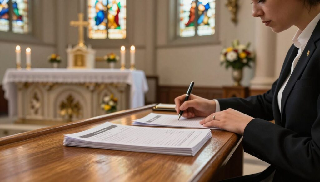 A serene church interior focused on a respectful and organized environment for ordering Mass intentions. In the foreground, a polished wooden table with a neatly arranged stack of printed forms and a pen, indicating the process of filling out information. A thoughtful person in professional attire, engaged in writing, with a serene expression. In the middle ground, a small altar adorned with candles and flowers, symbolizing the spiritual aspect of the Mass intentions. The background features stained glass windows filtering soft, warm light, creating a peaceful atmosphere. The overall mood is calm and reflective, capturing the dignity and formality of the Mass intention ordering process. A serene church interior focused on a respectful and organized environment for ordering Mass intentions. In the foreground, a polished wooden table with a neatly arranged stack of printed forms and a pen, indicating the process of filling out information. A thoughtful person in professional attire, engaged in writing, with a serene expression. In the middle ground, a small altar adorned with candles and flowers, symbolizing the spiritual aspect of the Mass intentions. The background features stained glass windows filtering soft, warm light, creating a peaceful atmosphere. The overall mood is calm and reflective, capturing the dignity and formality of the Mass intention ordering process.