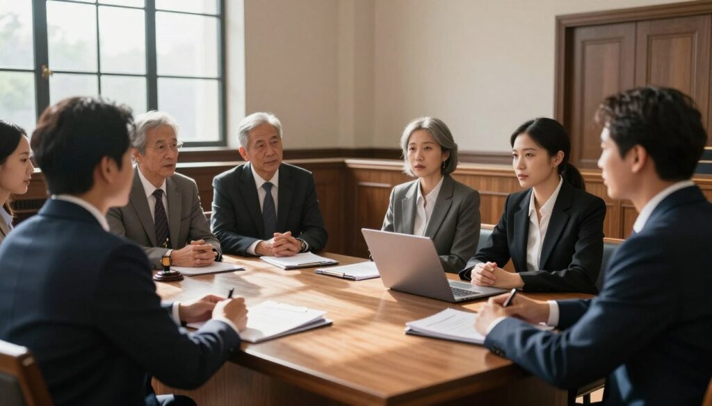 A serene courtroom scene focused on the theme of free legal aspects in alimony cases. In the foreground, a diverse group of people in professional attire engaged in discussion, showcasing individuals of varying ages and ethnic backgrounds, exuding a sense of cooperation and understanding. In the middle ground, a large wooden table covered with legal documents and a laptop, symbolizing the preparation of alimony claims. The background features elegant court architecture with tall windows allowing natural light to stream in, creating a warm and inviting atmosphere. Soft shadows cast by the sunlight enhance the details of the scene, inviting a mood of hopefulness and clarity as it illustrates the support available for those seeking free legal advice. A serene courtroom scene focused on the theme of free legal aspects in alimony cases. In the foreground, a diverse group of people in professional attire engaged in discussion, showcasing individuals of varying ages and ethnic backgrounds, exuding a sense of cooperation and understanding. In the middle ground, a large wooden table covered with legal documents and a laptop, symbolizing the preparation of alimony claims. The background features elegant court architecture with tall windows allowing natural light to stream in, creating a warm and inviting atmosphere. Soft shadows cast by the sunlight enhance the details of the scene, inviting a mood of hopefulness and clarity as it illustrates the support available for those seeking free legal advice.