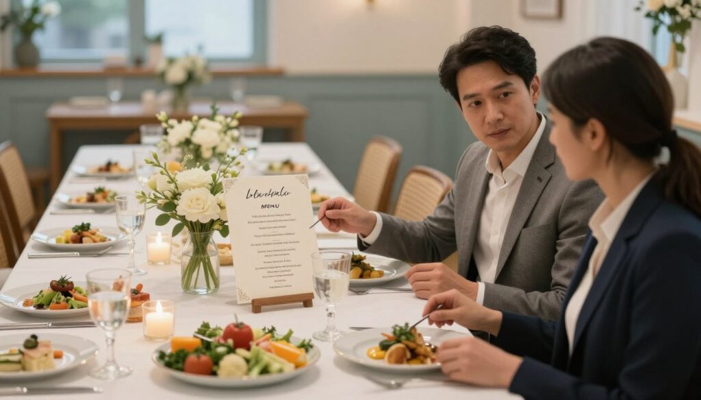 A serene dining setup that illustrates menu planning for a post-funeral gathering, featuring a long, elegantly set table adorned with white tablecloths, soft floral arrangements, and candles casting a warm glow. In the foreground, a sophisticated man and woman in professional attire discuss the menu options, surrounded by platters of tasteful appetizers and desserts. In the middle, details of a handwritten menu displayed on a decorative stand, showcasing various dishes like salads, main courses, and beverages. The background includes a comforting, well-lit restaurant space with subtle shades of blue and cream, enhancing the tranquil atmosphere. The overall mood is respectful and thoughtful, capturing the essence of planning a dignified celebration of life. The lighting is soft, creating a gentle ambiance that conveys compassion and care. A serene dining setup that illustrates menu planning for a post-funeral gathering, featuring a long, elegantly set table adorned with white tablecloths, soft floral arrangements, and candles casting a warm glow. In the foreground, a sophisticated man and woman in professional attire discuss the menu options, surrounded by platters of tasteful appetizers and desserts. In the middle, details of a handwritten menu displayed on a decorative stand, showcasing various dishes like salads, main courses, and beverages. The background includes a comforting, well-lit restaurant space with subtle shades of blue and cream, enhancing the tranquil atmosphere. The overall mood is respectful and thoughtful, capturing the essence of planning a dignified celebration of life. The lighting is soft, creating a gentle ambiance that conveys compassion and care.