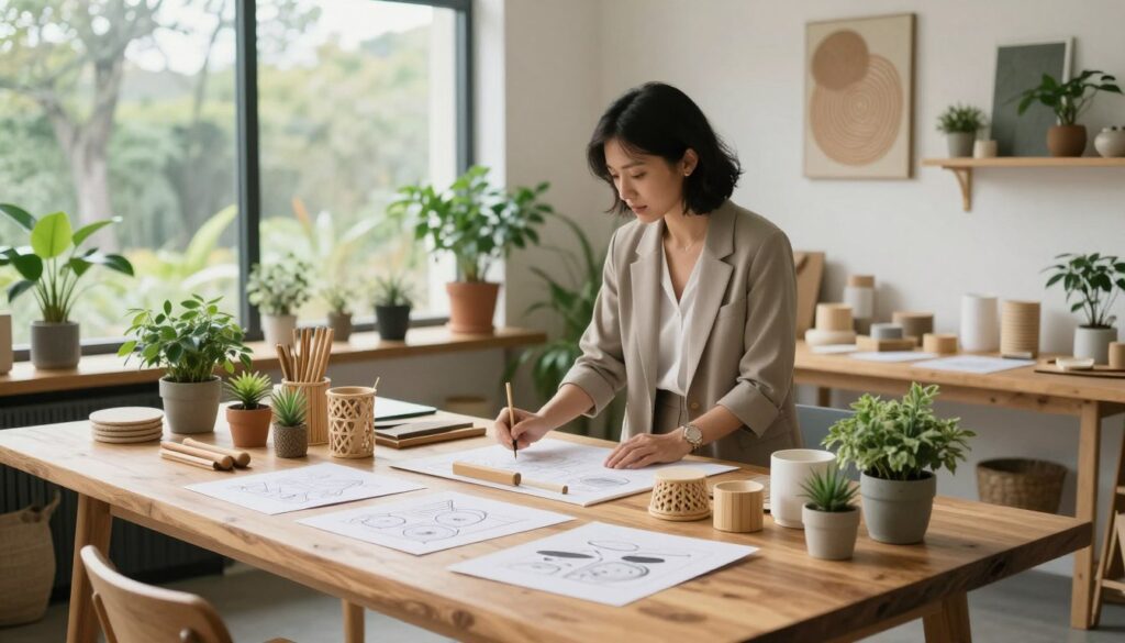 A serene, eco-friendly workspace that combines production and design elements, showcasing sustainable materials. In the foreground, a bright wooden table holds design sketches and small potted plants. The middle features a designer, dressed in professional attire, observing a collection of eco-conscious products made from recycled or natural materials like bamboo and organic cotton. The background shows large windows letting in soft, natural light, illuminating greenery and eco-friendly décor such as upcycled art pieces. The overall atmosphere is calm and inviting, reflecting creativity and sustainability, with a color palette of earthy tones and greens. The scene captures a perfect blend of design innovation and ecological responsibility. A serene, eco-friendly workspace that combines production and design elements, showcasing sustainable materials. In the foreground, a bright wooden table holds design sketches and small potted plants. The middle features a designer, dressed in professional attire, observing a collection of eco-conscious products made from recycled or natural materials like bamboo and organic cotton. The background shows large windows letting in soft, natural light, illuminating greenery and eco-friendly décor such as upcycled art pieces. The overall atmosphere is calm and inviting, reflecting creativity and sustainability, with a color palette of earthy tones and greens. The scene captures a perfect blend of design innovation and ecological responsibility.