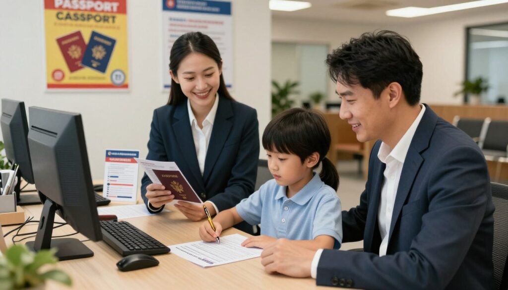 A serene government office environment portraying a family of three in the foreground: a mother, father, and their young child, all dressed in smart casual attire. The mother holds a passport application, studying it thoughtfully, while the father is assisting their child in filling out the form on a desk. In the middle ground, a friendly clerk is prepared to help, with a computer and informational brochures about passport discounts clearly visible. The background features cheerful posters about passport services and a well-lit waiting area with comfortable seating. The lighting is warm and inviting, suggesting a welcoming atmosphere. The overall mood is one of support and guidance, emphasizing the theme of obtaining a passport and understanding available discounts for children. A serene government office environment portraying a family of three in the foreground: a mother, father, and their young child, all dressed in smart casual attire. The mother holds a passport application, studying it thoughtfully, while the father is assisting their child in filling out the form on a desk. In the middle ground, a friendly clerk is prepared to help, with a computer and informational brochures about passport discounts clearly visible. The background features cheerful posters about passport services and a well-lit waiting area with comfortable seating. The lighting is warm and inviting, suggesting a welcoming atmosphere. The overall mood is one of support and guidance, emphasizing the theme of obtaining a passport and understanding available discounts for children.
