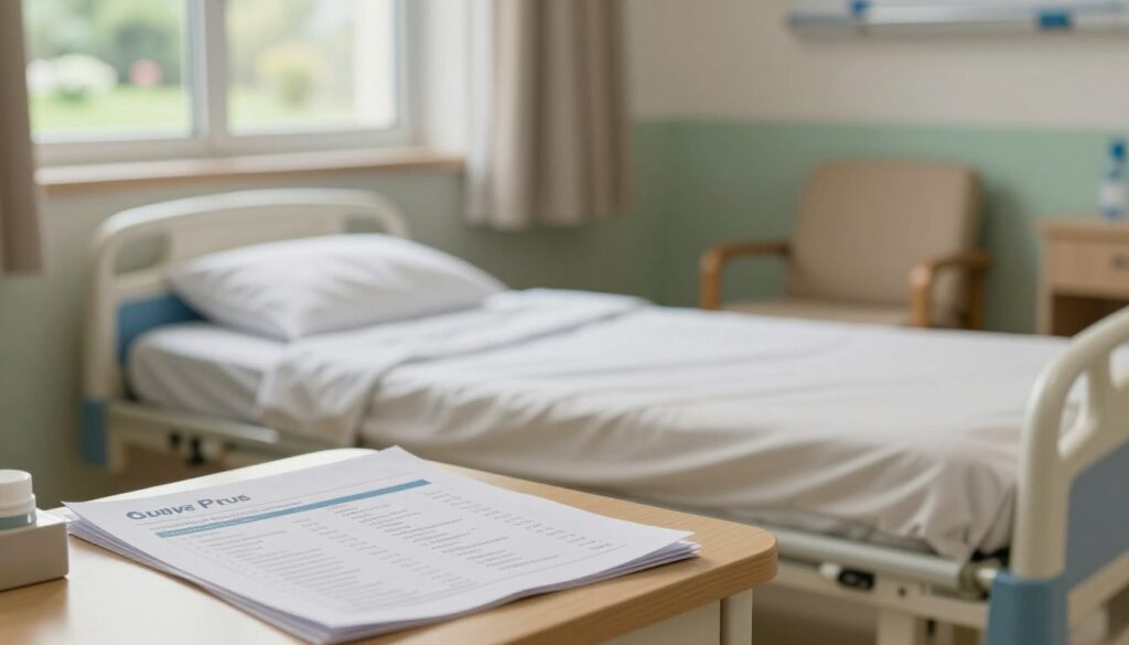 A serene hospital room in a sanatorium setting, featuring a neatly made bed with soft, neutral-colored linens and a window showing a glimpse of a tranquil garden outside. Foreground: A small table displaying various medical pamphlets detailing costs associated with treatments and stay, highlighting factors influencing expenses. Middle: A comfortable chair near the bed, with a peaceful atmosphere enhanced by soft natural lighting streaming in from the window. Background: Gentle hues of beige and light green walls, creating a calming ambiance. A focused perspective to draw attention to the details on the table, portraying an informative yet inviting scene. Emphasize professionalism, depicting only non-intrusive health-related elements. The overall mood should be tranquil and insightful. A serene hospital room in a sanatorium setting, featuring a neatly made bed with soft, neutral-colored linens and a window showing a glimpse of a tranquil garden outside. Foreground: A small table displaying various medical pamphlets detailing costs associated with treatments and stay, highlighting factors influencing expenses. Middle: A comfortable chair near the bed, with a peaceful atmosphere enhanced by soft natural lighting streaming in from the window. Background: Gentle hues of beige and light green walls, creating a calming ambiance. A focused perspective to draw attention to the details on the table, portraying an informative yet inviting scene. Emphasize professionalism, depicting only non-intrusive health-related elements. The overall mood should be tranquil and insightful.