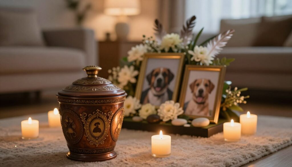 A serene indoor setting focusing on an elegant individual cremation urn placed prominently in the foreground, showcasing intricate designs and warm, comforting colors. The urn is surrounded by soft, glowing candlelight, enhancing the solemn and peaceful atmosphere. In the middle ground, a beautifully arranged small memorial display features delicate flowers, framed pictures of a beloved pet, and some calming elements like smooth stones or feathers. The background is softly blurred, revealing a tranquil room with muted tones, evoking a sense of comfort and respect. Warm lighting cascades softly from above, creating a gentle, inviting glow that symbolizes love and remembrance. The overall mood is reflective, serene, and compassionate, capturing the essence of honoring a cherished pet’s memory through individual cremation. A serene indoor setting focusing on an elegant individual cremation urn placed prominently in the foreground, showcasing intricate designs and warm, comforting colors. The urn is surrounded by soft, glowing candlelight, enhancing the solemn and peaceful atmosphere. In the middle ground, a beautifully arranged small memorial display features delicate flowers, framed pictures of a beloved pet, and some calming elements like smooth stones or feathers. The background is softly blurred, revealing a tranquil room with muted tones, evoking a sense of comfort and respect. Warm lighting cascades softly from above, creating a gentle, inviting glow that symbolizes love and remembrance. The overall mood is reflective, serene, and compassionate, capturing the essence of honoring a cherished pet’s memory through individual cremation.