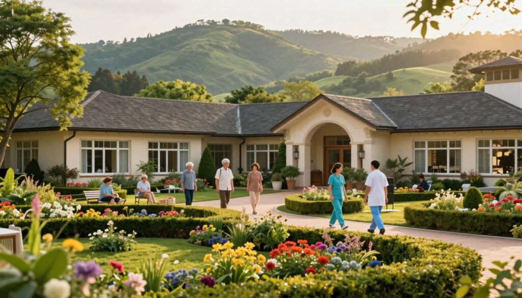 A serene landscape featuring a charming sanatorium nestled in the heart of a picturesque spa town. In the foreground, vibrant gardens filled with colorful flowers and neatly trimmed hedges frame the entrance to the sanatorium, which boasts elegant architecture with large windows and a welcoming facade. In the middle ground, patients in modest casual clothing engage in leisurely activities, such as walking and enjoying the fresh air, surrounded by the gentle presence of health professionals in professional attire. The background showcases rolling hills and lush greenery, bathed in warm, golden afternoon sunlight, creating a calm and healing atmosphere. The image should evoke a sense of tranquility and wellness, emphasizing the therapeutic environment of the sanatorium without any text or distractions. A serene landscape featuring a charming sanatorium nestled in the heart of a picturesque spa town. In the foreground, vibrant gardens filled with colorful flowers and neatly trimmed hedges frame the entrance to the sanatorium, which boasts elegant architecture with large windows and a welcoming facade. In the middle ground, patients in modest casual clothing engage in leisurely activities, such as walking and enjoying the fresh air, surrounded by the gentle presence of health professionals in professional attire. The background showcases rolling hills and lush greenery, bathed in warm, golden afternoon sunlight, creating a calm and healing atmosphere. The image should evoke a sense of tranquility and wellness, emphasizing the therapeutic environment of the sanatorium without any text or distractions.