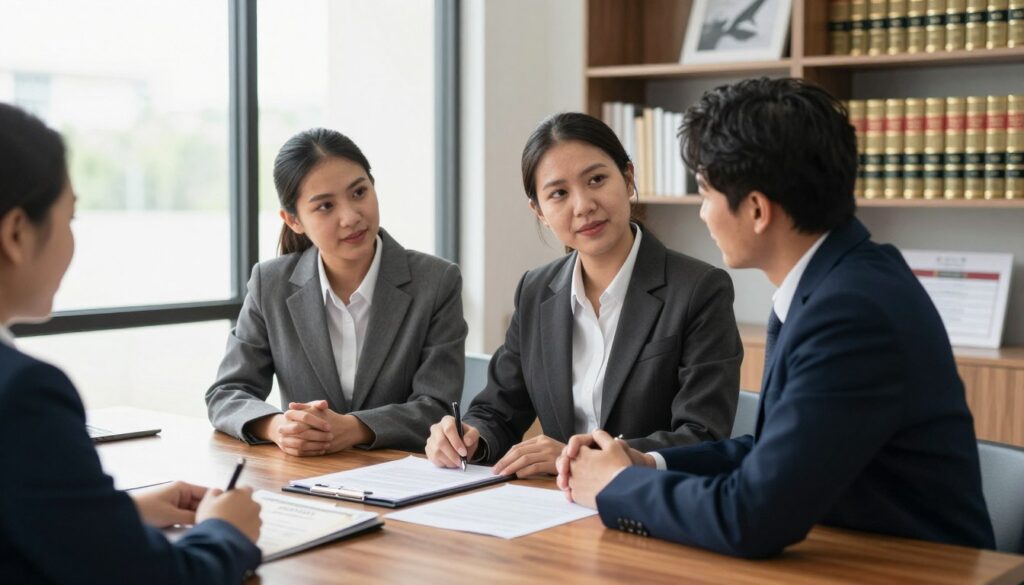 A serene office environment showcasing a professional setting for a property donation. In the foreground, a well-dressed couple, both in business attire, is engaged in a discussion with a notary public at a polished wooden desk, where legal documents are spread out. The middle ground features a large window allowing natural light to illuminate the scene, highlighting the sincerity of the interaction. A certificate of property transfer is partially visible on the desk, symbolizing the transfer of real estate ownership. In the background, tasteful artwork and bookshelves filled with legal texts hint at the seriousness of the occasion. The atmosphere is calm and professional, evoking trust and clarity in the process of property donation. The angle captures the trio from a slight diagonal for a dynamic perspective, with gentle lighting enhancing the warm and inviting mood. A serene office environment showcasing a professional setting for a property donation. In the foreground, a well-dressed couple, both in business attire, is engaged in a discussion with a notary public at a polished wooden desk, where legal documents are spread out. The middle ground features a large window allowing natural light to illuminate the scene, highlighting the sincerity of the interaction. A certificate of property transfer is partially visible on the desk, symbolizing the transfer of real estate ownership. In the background, tasteful artwork and bookshelves filled with legal texts hint at the seriousness of the occasion. The atmosphere is calm and professional, evoking trust and clarity in the process of property donation. The angle captures the trio from a slight diagonal for a dynamic perspective, with gentle lighting enhancing the warm and inviting mood.