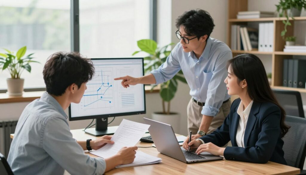 A serene office environment suitable for young adults, showcasing a diverse group of three individuals engaged in focused discussions. In the foreground, a young man in a smart casual outfit is reviewing documents, while a young woman in professional attire is taking notes on a laptop. A third person, wearing glasses and a business shirt, points at a chart displayed on a large monitor in the middle of the scene. The background features a well-lit office with large windows providing natural light, potted plants for a fresh atmosphere, and shelves filled with books. The mood is collaborative and positive, emphasizing support and accessibility. The angle is slightly elevated to capture the interaction, enhancing a sense of community and professionalism. A serene office environment suitable for young adults, showcasing a diverse group of three individuals engaged in focused discussions. In the foreground, a young man in a smart casual outfit is reviewing documents, while a young woman in professional attire is taking notes on a laptop. A third person, wearing glasses and a business shirt, points at a chart displayed on a large monitor in the middle of the scene. The background features a well-lit office with large windows providing natural light, potted plants for a fresh atmosphere, and shelves filled with books. The mood is collaborative and positive, emphasizing support and accessibility. The angle is slightly elevated to capture the interaction, enhancing a sense of community and professionalism.