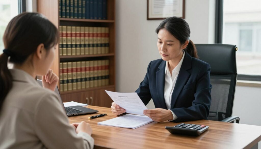 A serene office environment with a professional notary at work, examining legal documents related to inheritance and donation tax. In the foreground, a neatly organized wooden desk with papers, a stylish pen, and a calculator. The notary, a middle-aged individual wearing business attire, appears focused and composed while explaining details to a thoughtful client seated across the desk, dressed in modest casual clothing. The middle ground showcases a large bookshelf filled with law books and a framed certificate on the wall, representing expertise and professionalism. In the background, a window allows natural light to filter through, casting gentle shadows and creating a warm atmosphere. The overall mood is one of diligence, trust, and professionalism in handling financial and legal matters. A serene office environment with a professional notary at work, examining legal documents related to inheritance and donation tax. In the foreground, a neatly organized wooden desk with papers, a stylish pen, and a calculator. The notary, a middle-aged individual wearing business attire, appears focused and composed while explaining details to a thoughtful client seated across the desk, dressed in modest casual clothing. The middle ground showcases a large bookshelf filled with law books and a framed certificate on the wall, representing expertise and professionalism. In the background, a window allows natural light to filter through, casting gentle shadows and creating a warm atmosphere. The overall mood is one of diligence, trust, and professionalism in handling financial and legal matters.