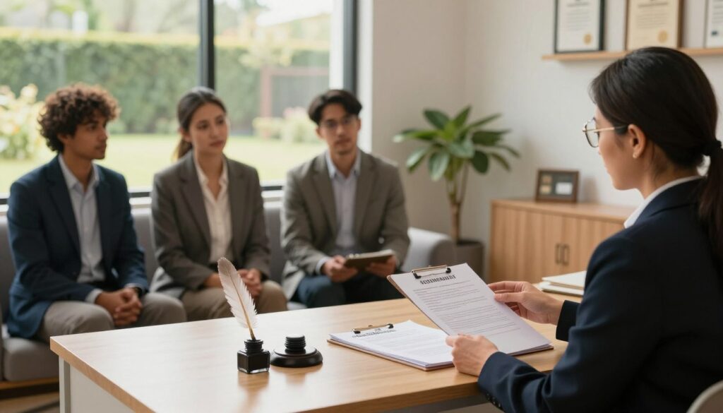 A serene office setting depicting a professional notary's workspace. In the foreground, a neatly arranged desk with legal documents, a quill pen, and an inkpot, signifying the process of separation. In the middle ground, a diverse group of individuals in professional attire, engaged in a thoughtful discussion, consulting with the notary. The notary, a middle-aged individual, is standing and gesturing toward a document, guiding the couple through the separation process. In the background, a large window letting in soft, warm natural light, with a view of a tranquil garden. The mood is calm and serious, emphasizing professionalism and trust in legal proceedings. The room is subtly decorated with framed legal certificates and a plant for a touch of warmth. A serene office setting depicting a professional notary's workspace. In the foreground, a neatly arranged desk with legal documents, a quill pen, and an inkpot, signifying the process of separation. In the middle ground, a diverse group of individuals in professional attire, engaged in a thoughtful discussion, consulting with the notary. The notary, a middle-aged individual, is standing and gesturing toward a document, guiding the couple through the separation process. In the background, a large window letting in soft, warm natural light, with a view of a tranquil garden. The mood is calm and serious, emphasizing professionalism and trust in legal proceedings. The room is subtly decorated with framed legal certificates and a plant for a touch of warmth.