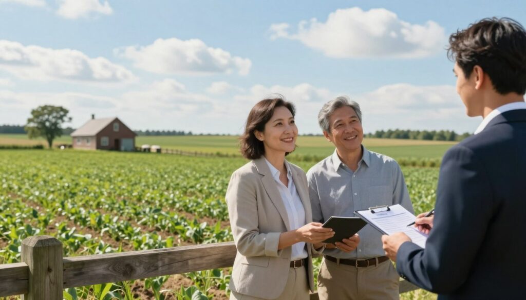 A serene rural landscape depicting a transfer of farmland ownership. In the foreground, a well-dressed, middle-aged couple, appearing professional and cheerful, stands beside a wooden fence, discussing property details with a notary public, portrayed in formal attire. The middle ground features a lush, green field with newly planted crops and a small farmhouse, symbolizing agricultural prosperity. In the background, bright blue skies with soft, fluffy clouds enhance the idyllic setting. Soft, natural lighting bathes the scene, creating a warm atmosphere, evoking feelings of trust and community. The angle is slightly elevated, capturing both the engaging interaction and the expansive farmland, highlighting the theme of tax exemption in farm transfers.