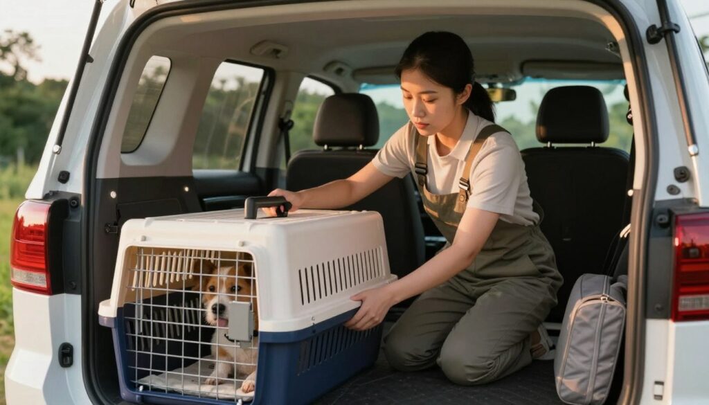 A serene setting in a well-organized pet transport service facility, showcasing a compassionate professional in smart casual attire gently loading a dignified pet transport carrier into the back of a cozy, clean vehicle. In the foreground, the carrier is soft-sided and comfortably padded, designed for the safety and comfort of the animal. The middle ground features warm lighting that evokes a sense of care and respect, highlighting the professional’s focused expression. In the background, a tranquil outdoor scene with greenery hints at a peaceful farewell environment, under soft afternoon sunlight. The mood is respectful and compassionate, emphasizing the care given to animals in their final journey. A serene setting in a well-organized pet transport service facility, showcasing a compassionate professional in smart casual attire gently loading a dignified pet transport carrier into the back of a cozy, clean vehicle. In the foreground, the carrier is soft-sided and comfortably padded, designed for the safety and comfort of the animal. The middle ground features warm lighting that evokes a sense of care and respect, highlighting the professional’s focused expression. In the background, a tranquil outdoor scene with greenery hints at a peaceful farewell environment, under soft afternoon sunlight. The mood is respectful and compassionate, emphasizing the care given to animals in their final journey.