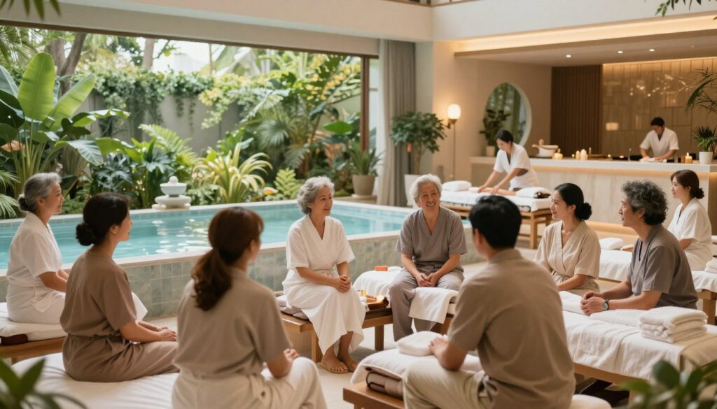 A serene spa environment showcasing a wellness center, surrounded by lush greenery and tranquil water features. In the foreground, a relaxed, diverse group of adults in professional, modest clothing engaged in discussions about health and wellness, representing a wide age range and ethnic backgrounds. In the middle ground, visual representations of spa treatments like mineral baths and therapeutic massages, creating a welcoming atmosphere. The background features elegant architecture of the wellness center, with large windows allowing natural light to flood the interior, enhancing the calming mood. The image captures a sense of community and support, illustrating the theme of exemption from wellness treatment fees. Use soft, warm lighting to evoke relaxation and hopefulness, presented at an eye-level angle for viewer immersion. A serene spa environment showcasing a wellness center, surrounded by lush greenery and tranquil water features. In the foreground, a relaxed, diverse group of adults in professional, modest clothing engaged in discussions about health and wellness, representing a wide age range and ethnic backgrounds. In the middle ground, visual representations of spa treatments like mineral baths and therapeutic massages, creating a welcoming atmosphere. The background features elegant architecture of the wellness center, with large windows allowing natural light to flood the interior, enhancing the calming mood. The image captures a sense of community and support, illustrating the theme of exemption from wellness treatment fees. Use soft, warm lighting to evoke relaxation and hopefulness, presented at an eye-level angle for viewer immersion.