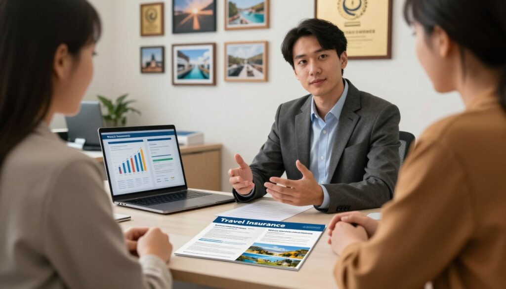 A serene travel insurance office setting, with a confident professional in a tailored suit discussing policies with a relaxed client in casual attire. In the foreground, a detailed brochure titled “Travel Insurance” lies prominently on the desk, showcasing vibrant visuals of various travel destinations. The middle ground features a modern desk with a laptop open, displaying graphs and figures about insurance costs and coverage. The background reveals a wall adorned with framed travel photos and awards, illuminated by soft, warm lighting. The atmosphere conveys a sense of trust and reassurance, emphasizing the importance of higher coverage for international travel with a focus on safety and risk management. The perspective is slightly angled to capture the interaction between the professional and client. A serene travel insurance office setting, with a confident professional in a tailored suit discussing policies with a relaxed client in casual attire. In the foreground, a detailed brochure titled “Travel Insurance” lies prominently on the desk, showcasing vibrant visuals of various travel destinations. The middle ground features a modern desk with a laptop open, displaying graphs and figures about insurance costs and coverage. The background reveals a wall adorned with framed travel photos and awards, illuminated by soft, warm lighting. The atmosphere conveys a sense of trust and reassurance, emphasizing the importance of higher coverage for international travel with a focus on safety and risk management. The perspective is slightly angled to capture the interaction between the professional and client.