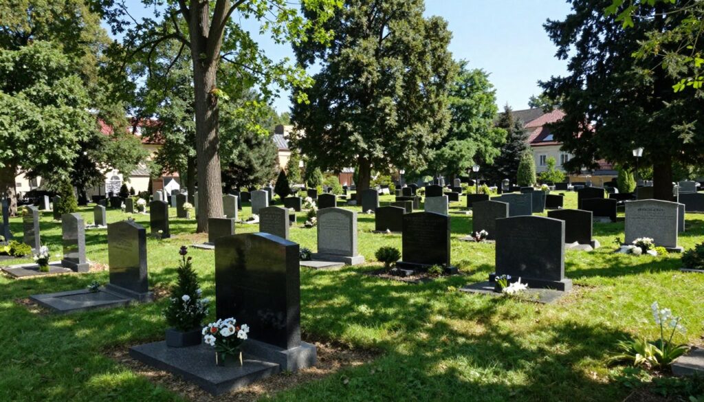 A serene view of a municipal cemetery in Warsaw, featuring well-kept graves and lush, manicured greenery. In the foreground, a polished gravestone with delicate floral arrangements, symbolizing remembrance and peace. In the middle ground, rows of similar gravestones, each uniquely adorned, creating a sense of order and tranquility. The background reveals tall, mature trees casting gentle shadows, with soft sunlight filtering through the leaves, enhancing the atmosphere of reflection. The scene is framed with clear blue skies, emphasizing a calm and respectful ambiance. A subtle, low angle perspective captures the depth of the cemetery layout, inviting contemplation. A serene view of a municipal cemetery in Warsaw, featuring well-kept graves and lush, manicured greenery. In the foreground, a polished gravestone with delicate floral arrangements, symbolizing remembrance and peace. In the middle ground, rows of similar gravestones, each uniquely adorned, creating a sense of order and tranquility. The background reveals tall, mature trees casting gentle shadows, with soft sunlight filtering through the leaves, enhancing the atmosphere of reflection. The scene is framed with clear blue skies, emphasizing a calm and respectful ambiance. A subtle, low angle perspective captures the depth of the cemetery layout, inviting contemplation.