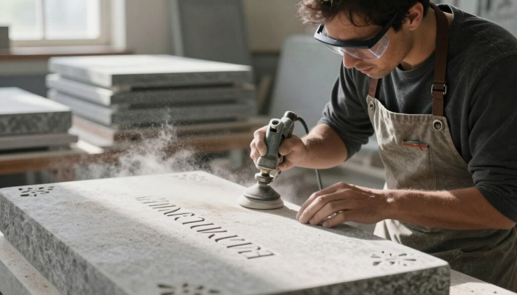 A skilled stone carver is sandblasting a gravestone in a serene workshop setting. In the foreground, showcase a close-up of the stone surface, with the delicate patterns and letters being etched into it, surrounded by clouds of fine, white sand dust. In the middle ground, focus on the carver wearing safety goggles and a professional apron, holding the sandblasting equipment with precision. The background features stone slabs stacked neatly, illuminated by soft, natural light coming from a nearby window, casting gentle shadows that enhance the craftsmanship. The mood is tranquil yet industrious, highlighting the meticulous process of sandblasting compared to hand chiseling, emphasizing the artistry and skill involved in creating memorial inscriptions. A skilled stone carver is sandblasting a gravestone in a serene workshop setting. In the foreground, showcase a close-up of the stone surface, with the delicate patterns and letters being etched into it, surrounded by clouds of fine, white sand dust. In the middle ground, focus on the carver wearing safety goggles and a professional apron, holding the sandblasting equipment with precision. The background features stone slabs stacked neatly, illuminated by soft, natural light coming from a nearby window, casting gentle shadows that enhance the craftsmanship. The mood is tranquil yet industrious, highlighting the meticulous process of sandblasting compared to hand chiseling, emphasizing the artistry and skill involved in creating memorial inscriptions.