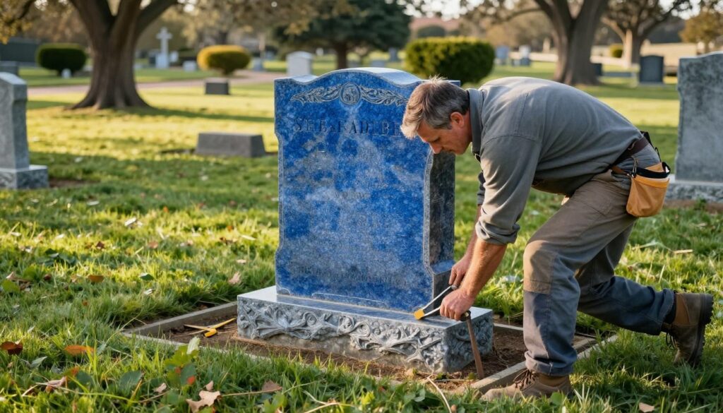 A skilled stone mason carefully erects a granite tombstone in a serene cemetery setting. In the foreground, the craftsman, dressed in modest work attire, uses precise tools, showcasing expertise in his craft. The middle ground reveals a polished, deep blue granite headstone with intricate engravings, glimmering under the soft, golden sunlight. Vibrant green grass surrounds the site, accentuating the gravestone's rich tones. In the background, gently swaying trees and distant shrubs create a tranquil atmosphere. The angle captures the entire scene from slightly above, giving depth to the composition. The warm lighting enhances a sense of dignity and respect in the installation process, emphasizing the importance of professional assembly for the longevity of memorials. A skilled stone mason carefully erects a granite tombstone in a serene cemetery setting. In the foreground, the craftsman, dressed in modest work attire, uses precise tools, showcasing expertise in his craft. The middle ground reveals a polished, deep blue granite headstone with intricate engravings, glimmering under the soft, golden sunlight. Vibrant green grass surrounds the site, accentuating the gravestone's rich tones. In the background, gently swaying trees and distant shrubs create a tranquil atmosphere. The angle captures the entire scene from slightly above, giving depth to the composition. The warm lighting enhances a sense of dignity and respect in the installation process, emphasizing the importance of professional assembly for the longevity of memorials.