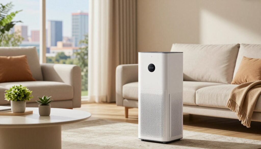 A sleek, modern air purifier prominently displayed in a well-lit, contemporary living room. The air purifier features an elegant design with clear ESP filter components visible through its transparent section, showcasing advanced technology. In the foreground, the purifier is set on a minimalist coffee table adorned with houseplants, enhancing the fresh ambiance. Soft, natural light filters in through large windows, creating a warm and inviting atmosphere. In the middle ground, a comfortable sofa with neutral tones complements the air purifier, while in the background, a vibrant cityscape is visible, emphasizing the need for clean air in urban environments. The overall mood is serene and health-conscious, reflecting the innovative essence of air purification technologies. A sleek, modern air purifier prominently displayed in a well-lit, contemporary living room. The air purifier features an elegant design with clear ESP filter components visible through its transparent section, showcasing advanced technology. In the foreground, the purifier is set on a minimalist coffee table adorned with houseplants, enhancing the fresh ambiance. Soft, natural light filters in through large windows, creating a warm and inviting atmosphere. In the middle ground, a comfortable sofa with neutral tones complements the air purifier, while in the background, a vibrant cityscape is visible, emphasizing the need for clean air in urban environments. The overall mood is serene and health-conscious, reflecting the innovative essence of air purification technologies.