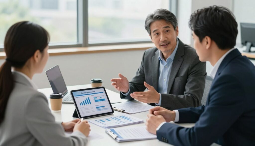 A sleek, modern office space showcasing a professional insurance consultation scene. In the foreground, a middle-aged consultant dressed in a smart business suit, animatedly discussing health insurance options with a client, who is wearing professional attire. The consultant gestures toward a digital tablet displaying various private health insurance graphs and plans. In the middle ground, a stylish desk is cluttered with health insurance brochures, a laptop, and a cup of coffee. The background features large windows with soft, natural light streaming in, giving a sense of openness and clarity. The atmosphere is focused and informative, capturing the essence of private health insurance consultations. Use soft, diffused lighting to create an inviting yet professional ambiance, and capture the scene from a slightly elevated angle to include all elements harmoniously. A sleek, modern office space showcasing a professional insurance consultation scene. In the foreground, a middle-aged consultant dressed in a smart business suit, animatedly discussing health insurance options with a client, who is wearing professional attire. The consultant gestures toward a digital tablet displaying various private health insurance graphs and plans. In the middle ground, a stylish desk is cluttered with health insurance brochures, a laptop, and a cup of coffee. The background features large windows with soft, natural light streaming in, giving a sense of openness and clarity. The atmosphere is focused and informative, capturing the essence of private health insurance consultations. Use soft, diffused lighting to create an inviting yet professional ambiance, and capture the scene from a slightly elevated angle to include all elements harmoniously.