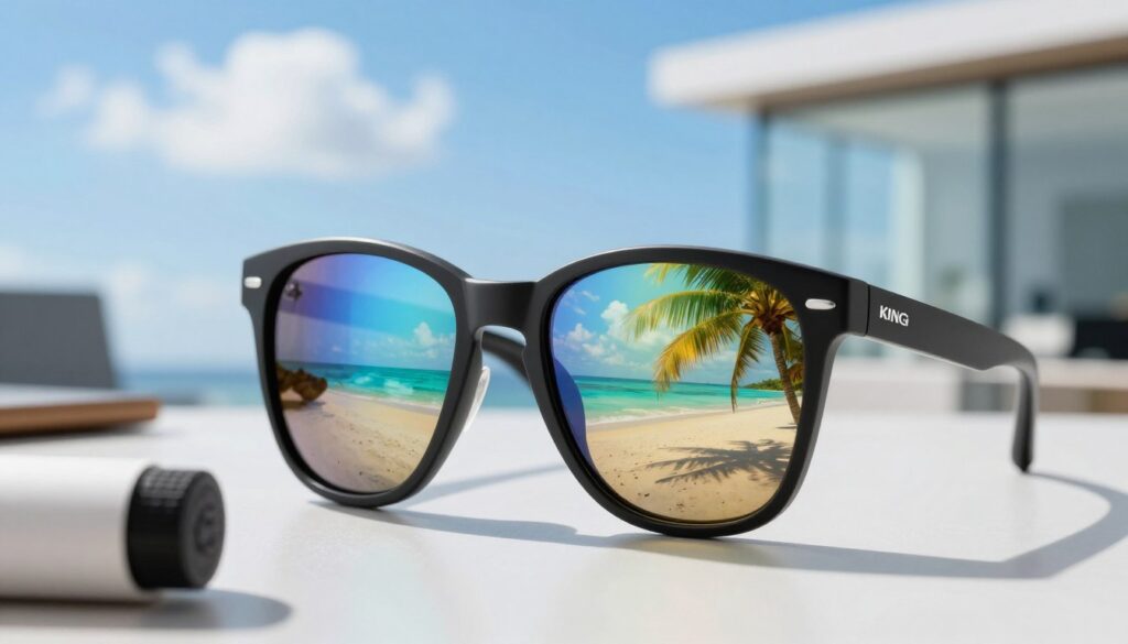 A sleek pair of Kingseven sunglasses displayed prominently in the foreground, showcasing their stylish design and advanced technology. The sunglasses feature polarized lenses that reflect a vibrant tropical beach scene, highlighting their UV protection capabilities. In the middle ground, a softly blurred modern office environment is visible, emphasizing a professional atmosphere. The background showcases a bright, clear blue sky with a few fluffy clouds, conveying a sense of openness and adventure. The lighting is bright and natural, casting soft shadows that accentuate the sunglasses' curves and finishes. The mood is optimistic and dynamic, reflecting innovation in eyewear technology, inviting readers to consider the blend of style and functionality. A sleek pair of Kingseven sunglasses displayed prominently in the foreground, showcasing their stylish design and advanced technology. The sunglasses feature polarized lenses that reflect a vibrant tropical beach scene, highlighting their UV protection capabilities. In the middle ground, a softly blurred modern office environment is visible, emphasizing a professional atmosphere. The background showcases a bright, clear blue sky with a few fluffy clouds, conveying a sense of openness and adventure. The lighting is bright and natural, casting soft shadows that accentuate the sunglasses' curves and finishes. The mood is optimistic and dynamic, reflecting innovation in eyewear technology, inviting readers to consider the blend of style and functionality.