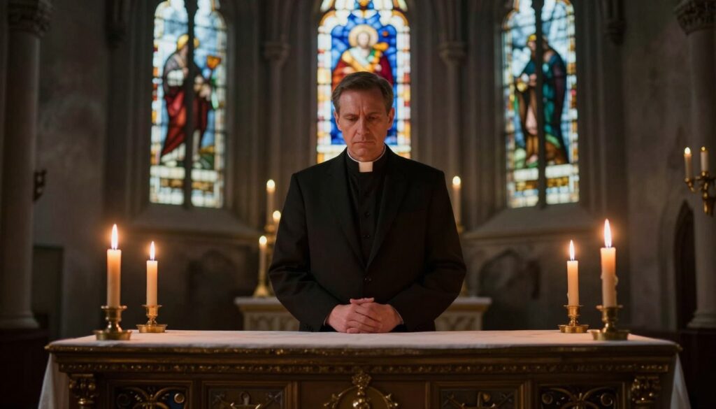A solemn exorcist, a middle-aged man in a dark suit, stands at the center of a dimly lit chapel, surrounded by flickering candles casting long shadows. His expression is focused and contemplative, illustrating the weight of responsibility inherent in his role. In the foreground, a heavy, ornate wooden altar, adorned with religious symbols, hints at the gravity of the situation. In the background, stained glass windows filter soft, colorful light, creating an ethereal atmosphere. The mood is serious and introspective, with an air of mystique. The image is captured from a low angle, highlighting the exorcist against the backdrop of the chapel, with warm lighting accentuating his features, enhancing the sense of depth and solemnity in the scene. A solemn exorcist, a middle-aged man in a dark suit, stands at the center of a dimly lit chapel, surrounded by flickering candles casting long shadows. His expression is focused and contemplative, illustrating the weight of responsibility inherent in his role. In the foreground, a heavy, ornate wooden altar, adorned with religious symbols, hints at the gravity of the situation. In the background, stained glass windows filter soft, colorful light, creating an ethereal atmosphere. The mood is serious and introspective, with an air of mystique. The image is captured from a low angle, highlighting the exorcist against the backdrop of the chapel, with warm lighting accentuating his features, enhancing the sense of depth and solemnity in the scene.