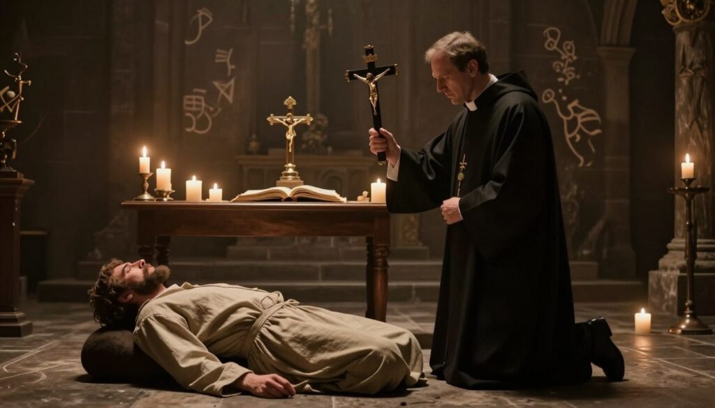 A solemn exorcist performing a ritual in a dimly lit, gothic-style room. In the foreground, the exorcist, a middle-aged man in professional attire, holds a large, ornate crucifix and is focused on a kneeling figure clad in simple, modest clothing, visibly troubled. Candles flicker, casting soft shadows across the room. In the middle ground, ancient texts and religious artifacts are arranged on a wooden table, adding to the atmosphere. The background features dark stone walls adorned with faint, ethereal symbols, hinting at a sense of mystery and reverence. The lighting is warm and dramatic, evoking a serious and intense mood, reminiscent of a spiritual confrontation. A wide-angle view captures the entire scene, emphasizing the weight of the moment. A solemn exorcist performing a ritual in a dimly lit, gothic-style room. In the foreground, the exorcist, a middle-aged man in professional attire, holds a large, ornate crucifix and is focused on a kneeling figure clad in simple, modest clothing, visibly troubled. Candles flicker, casting soft shadows across the room. In the middle ground, ancient texts and religious artifacts are arranged on a wooden table, adding to the atmosphere. The background features dark stone walls adorned with faint, ethereal symbols, hinting at a sense of mystery and reverence. The lighting is warm and dramatic, evoking a serious and intense mood, reminiscent of a spiritual confrontation. A wide-angle view captures the entire scene, emphasizing the weight of the moment.
