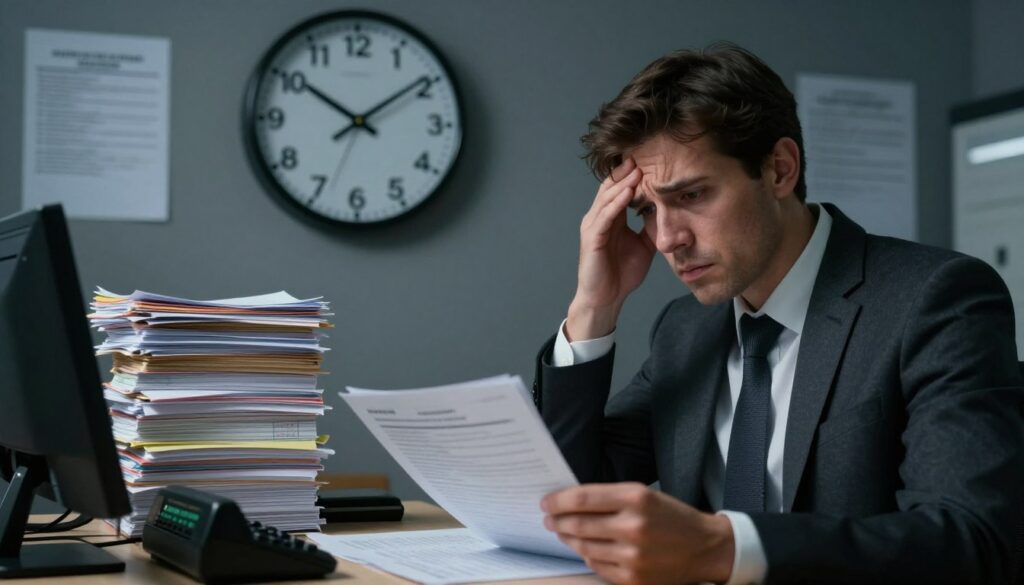 A somber office scene depicting the consequences of lacking a valid tachograph legalization for a transport operator. In the foreground, a worried transport manager in professional business attire examines paperwork and a tachograph device with an anxious expression, emphasizing the urgency of the situation. In the middle ground, a large wall clock ticks loudly, symbolizing the pressure of deadlines while a stack of unpaid fines looms beside the manager, casting a shadow of despair. In the background, dim lighting highlights a cluttered office filled with transport-related documents and regulations on the walls, creating a tense atmosphere. The image should have a slightly blurred depth of field to focus on the manager’s troubled expression, evoking a sense of stress and urgency. A somber office scene depicting the consequences of lacking a valid tachograph legalization for a transport operator. In the foreground, a worried transport manager in professional business attire examines paperwork and a tachograph device with an anxious expression, emphasizing the urgency of the situation. In the middle ground, a large wall clock ticks loudly, symbolizing the pressure of deadlines while a stack of unpaid fines looms beside the manager, casting a shadow of despair. In the background, dim lighting highlights a cluttered office filled with transport-related documents and regulations on the walls, creating a tense atmosphere. The image should have a slightly blurred depth of field to focus on the manager’s troubled expression, evoking a sense of stress and urgency.