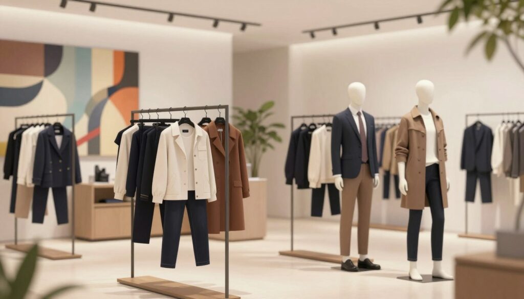 A sophisticated fashion concept illustration representing the philosophy of the s.Oliver brand. In the foreground, a stylish display of diverse clothing pieces from various segments of the collection, highlighting both casual and professional styles, displayed on elegant mannequins or hangers. The middle ground features a clean, minimalist showroom environment with soft, diffused lighting to create an inviting atmosphere. In the background, abstract art inspired by German fashion trends adds visual interest, complemented by natural elements like plants for a fresh touch. The overall mood is modern, chic, and inspiring, reflecting the brand's commitment to quality and versatility in fashion. The scene is captured with a shallow depth of field, focusing on the clothing, while maintaining an airy space around it. No text or other distractions in the image. A sophisticated fashion concept illustration representing the philosophy of the s.Oliver brand. In the foreground, a stylish display of diverse clothing pieces from various segments of the collection, highlighting both casual and professional styles, displayed on elegant mannequins or hangers. The middle ground features a clean, minimalist showroom environment with soft, diffused lighting to create an inviting atmosphere. In the background, abstract art inspired by German fashion trends adds visual interest, complemented by natural elements like plants for a fresh touch. The overall mood is modern, chic, and inspiring, reflecting the brand's commitment to quality and versatility in fashion. The scene is captured with a shallow depth of field, focusing on the clothing, while maintaining an airy space around it. No text or other distractions in the image.