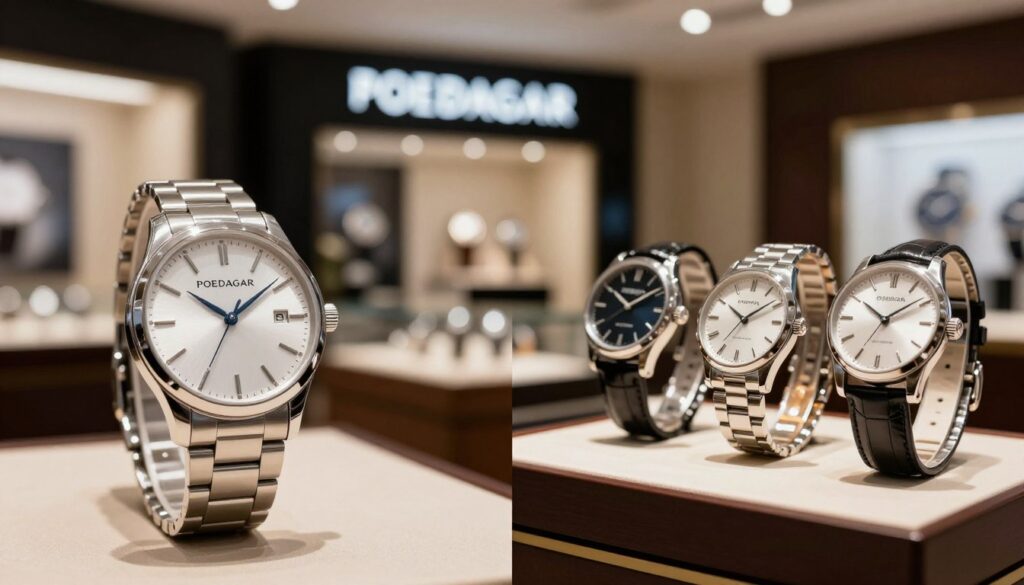 A split-image comparison of the Poedagar watch brand and its market competitors. In the foreground, showcase a sleek, elegant Poedagar watch on the left, with its distinct features and craftsmanship highlighted, such as a polished stainless steel case and a unique dial design. On the right, display a couple of competitor watches with diverse styles and designs, ensuring they are distinguishable but not overshadowing Poedagar. In the middle, include a blurred backdrop of a modern watch store, emphasizing luxury and sophistication, with warm ambient lighting that creates a welcoming atmosphere. Incorporate a slight perspective angle to convey depth, while maintaining a professional and informative mood, suitable for an insightful comparison. A split-image comparison of the Poedagar watch brand and its market competitors. In the foreground, showcase a sleek, elegant Poedagar watch on the left, with its distinct features and craftsmanship highlighted, such as a polished stainless steel case and a unique dial design. On the right, display a couple of competitor watches with diverse styles and designs, ensuring they are distinguishable but not overshadowing Poedagar. In the middle, include a blurred backdrop of a modern watch store, emphasizing luxury and sophistication, with warm ambient lighting that creates a welcoming atmosphere. Incorporate a slight perspective angle to convey depth, while maintaining a professional and informative mood, suitable for an insightful comparison.