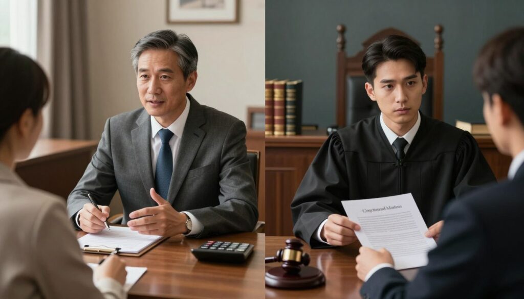 A split image illustrating the comparison of costs for asset division, featuring two distinct sides. On the left side, a professional setting with a notary's office, showcasing a polished wooden desk, legal documents, and a calculator, with warm, inviting lighting to create a sense of trust. In the foreground, a mature male notary in a tailored suit is discussing with a client, both appearing engaged and professional. On the right side, a courtroom scene depicting a judge's bench, legal books, and a more austere atmosphere, with cooler lighting. In the foreground, a lawyer in business attire is presenting a case to the judge, conveying seriousness. The background should softly blend the two environments, emphasizing the differences in setting and atmosphere. A split image illustrating the comparison of costs for asset division, featuring two distinct sides. On the left side, a professional setting with a notary's office, showcasing a polished wooden desk, legal documents, and a calculator, with warm, inviting lighting to create a sense of trust. In the foreground, a mature male notary in a tailored suit is discussing with a client, both appearing engaged and professional. On the right side, a courtroom scene depicting a judge's bench, legal books, and a more austere atmosphere, with cooler lighting. In the foreground, a lawyer in business attire is presenting a case to the judge, conveying seriousness. The background should softly blend the two environments, emphasizing the differences in setting and atmosphere.
