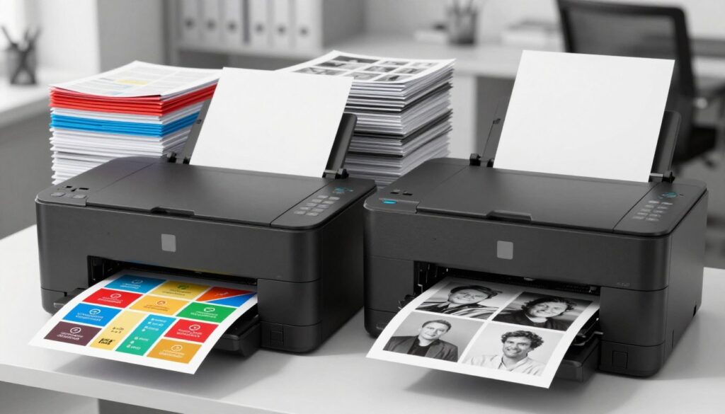 A split image showcasing the contrast between color and black-and-white printing. In the foreground, prominently displayed is a sleek, modern printer with vibrant color prints emerging on one side and crisp black-and-white sheets on the other. The middle layer features organized stacks of printed papers, one pile in vivid colors—bright reds, blues, and greens—while the other consists of sharp black-and-white documents, emphasizing the difference in print quality. In the background, a well-lit office setting exudes a professional atmosphere, with a light source casting soft shadows that enhance the details of the printer and paper. The mood is informative, aimed at illustrating the differences in printing costs effectively. A split image showcasing the contrast between color and black-and-white printing. In the foreground, prominently displayed is a sleek, modern printer with vibrant color prints emerging on one side and crisp black-and-white sheets on the other. The middle layer features organized stacks of printed papers, one pile in vivid colors—bright reds, blues, and greens—while the other consists of sharp black-and-white documents, emphasizing the difference in print quality. In the background, a well-lit office setting exudes a professional atmosphere, with a light source casting soft shadows that enhance the details of the printer and paper. The mood is informative, aimed at illustrating the differences in printing costs effectively.