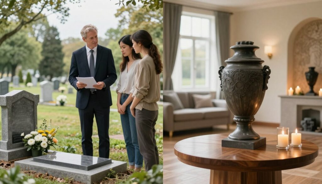 A split scene comparing traditional burial and cremation costs. On the left, a serene, dignified cemetery setting featuring a neatly maintained grave with flowers and a headstone, bathed in soft, natural light. A friendly professional in business attire stands beside the grave, discussing details with a couple who appear contemplative yet respectful. On the right, an elegant crematorium interior showcasing a peaceful, candlelit atmosphere with a modern urn prominently displayed on a polished wooden table. Gentle light filters in through large windows, highlighting the urn’s intricate design. The background should smoothly blend the two environments, conveying a sense of calm and reflection, while the overall mood remains respectful and informative. The image should be crisp and clear, capturing the contrasting themes with balanced composition and depth. A split scene comparing traditional burial and cremation costs. On the left, a serene, dignified cemetery setting featuring a neatly maintained grave with flowers and a headstone, bathed in soft, natural light. A friendly professional in business attire stands beside the grave, discussing details with a couple who appear contemplative yet respectful. On the right, an elegant crematorium interior showcasing a peaceful, candlelit atmosphere with a modern urn prominently displayed on a polished wooden table. Gentle light filters in through large windows, highlighting the urn’s intricate design. The background should smoothly blend the two environments, conveying a sense of calm and reflection, while the overall mood remains respectful and informative. The image should be crisp and clear, capturing the contrasting themes with balanced composition and depth.
