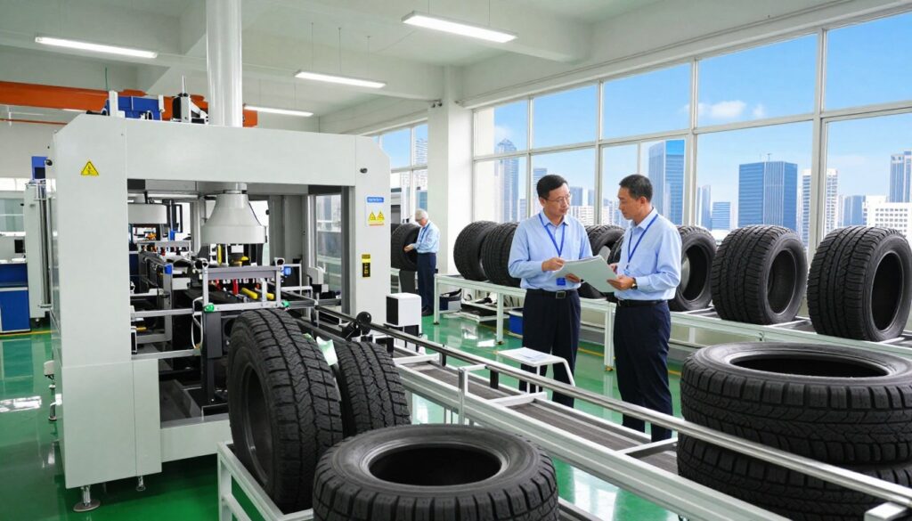 A state-of-the-art manufacturing facility of Prinx Chengshan is depicted in the foreground, showcasing advanced tire production machinery and a streamlined assembly line. In the middle ground, engineers in professional attire are discussing technical plans and examining tire prototypes under bright fluorescent lighting, highlighting a clean and productive work environment. The background features large windows revealing a bright skyline with clear blue skies, adding a touch of optimism and innovation. The atmosphere conveys a sense of technological advancement and teamwork, emphasizing the company's commitment to research and development. The image should be captured using a wide-angle lens to encompass the depth of the facility, with a focus on sharp details and vibrant colors to evoke a modern industrial feel. A state-of-the-art manufacturing facility of Prinx Chengshan is depicted in the foreground, showcasing advanced tire production machinery and a streamlined assembly line. In the middle ground, engineers in professional attire are discussing technical plans and examining tire prototypes under bright fluorescent lighting, highlighting a clean and productive work environment. The background features large windows revealing a bright skyline with clear blue skies, adding a touch of optimism and innovation. The atmosphere conveys a sense of technological advancement and teamwork, emphasizing the company's commitment to research and development. The image should be captured using a wide-angle lens to encompass the depth of the facility, with a focus on sharp details and vibrant colors to evoke a modern industrial feel.