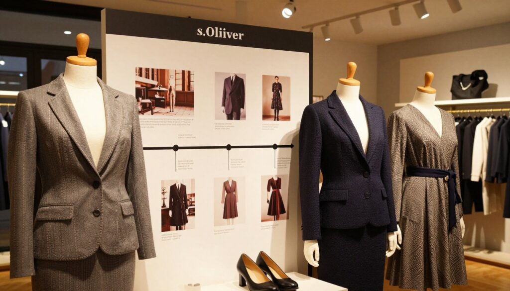 A stylish and elegant historical scene capturing the essence of the German fashion brand s.Oliver. In the foreground, a sophisticated display featuring iconic pieces from the brand, including tailored jackets and chic dresses on mannequins beautifully lit to enhance the fabric textures. In the middle ground, a timeline showing key milestones in the brand's history, illustrated with vintage photographs and clothing designs. The background features an inviting boutique setting with warm, ambient lighting, reflecting the brand's modern yet classic aesthetic. The atmosphere is professional and engaging, evoking a sense of fashion legacy and innovation, shot from a slightly elevated angle for depth. A stylish and elegant historical scene capturing the essence of the German fashion brand s.Oliver. In the foreground, a sophisticated display featuring iconic pieces from the brand, including tailored jackets and chic dresses on mannequins beautifully lit to enhance the fabric textures. In the middle ground, a timeline showing key milestones in the brand's history, illustrated with vintage photographs and clothing designs. The background features an inviting boutique setting with warm, ambient lighting, reflecting the brand's modern yet classic aesthetic. The atmosphere is professional and engaging, evoking a sense of fashion legacy and innovation, shot from a slightly elevated angle for depth.