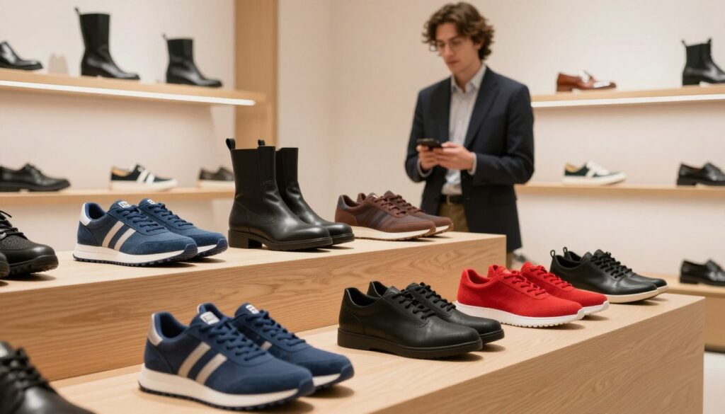 A stylish and modern display of Badoxx footwear, showcasing a variety of shoe styles including sneakers, boots, and casual shoes. The foreground features an elegant arrangement of shoes on sleek wooden shelves, highlighting their details like textures and colors—sporty blues, classic blacks, and vibrant reds. In the middle ground, a professional-looking model wearing smart casual attire examines the shoes, with an expression of interest. In the background, soft lighting illuminates a minimalist retail environment, giving a warm and inviting atmosphere. The image should convey a sense of quality and style, making the viewer feel drawn to explore the Badoxx brand further. Use a slightly angled perspective to create depth and focus on the shoe selection. A stylish and modern display of Badoxx footwear, showcasing a variety of shoe styles including sneakers, boots, and casual shoes. The foreground features an elegant arrangement of shoes on sleek wooden shelves, highlighting their details like textures and colors—sporty blues, classic blacks, and vibrant reds. In the middle ground, a professional-looking model wearing smart casual attire examines the shoes, with an expression of interest. In the background, soft lighting illuminates a minimalist retail environment, giving a warm and inviting atmosphere. The image should convey a sense of quality and style, making the viewer feel drawn to explore the Badoxx brand further. Use a slightly angled perspective to create depth and focus on the shoe selection.
