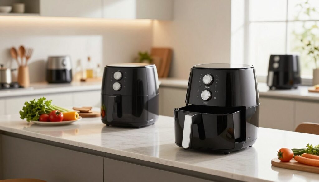 A stylish and modern kitchen setting featuring various Cosori air fryers prominently displayed on a sleek countertop. In the foreground, focus on a Cosori air fryer with a glowing indicator light, emphasizing user safety features like the cool-touch handle and chemical-free materials. In the middle ground, showcase neatly arranged kitchen utensils and fresh vegetables, signifying healthy cooking. In the background, a softly lit kitchen with warm hues creates an inviting atmosphere, enhancing the sense of security in using Cosori products. The scene is bright and airy, with natural light streaming through a window, casting soft shadows and creating a serene mood. The overall composition conveys trust and reliability in Cosori's kitchen devices.