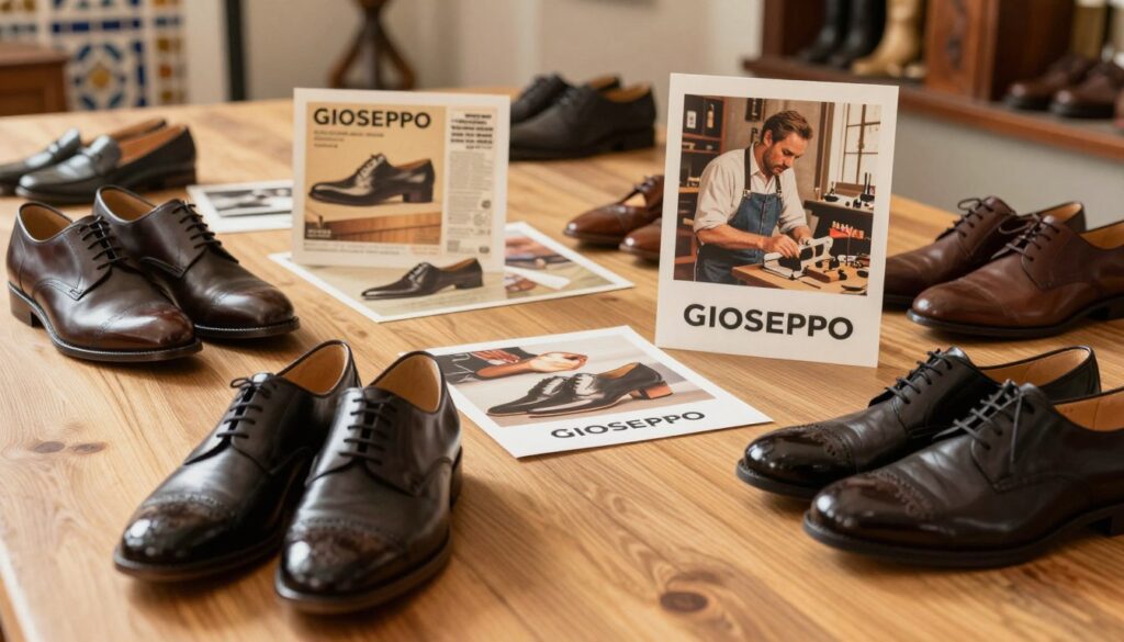 A stylish and modern representation of the Gioseppo brand's history, featuring an elegant flat lay of various Gioseppo footwear designs, showcasing a mix of casual and formal styles. In the foreground, include beautifully crafted shoes with intricate details, placed on a wooden surface that has a warm, inviting tone. In the middle distance, display snapshots of Gioseppo's evolution, including vintage advertisements and photos of artisans at work, subtly blended into the background. Soft, natural lighting highlights the textures and colors of the shoes, creating a rich atmosphere that emphasizes craftsmanship and heritage. The background should fade gently, providing focus on the footwear while hinting at a Spanish ambiance through elements like a hint of a tile design or warm earth tones.