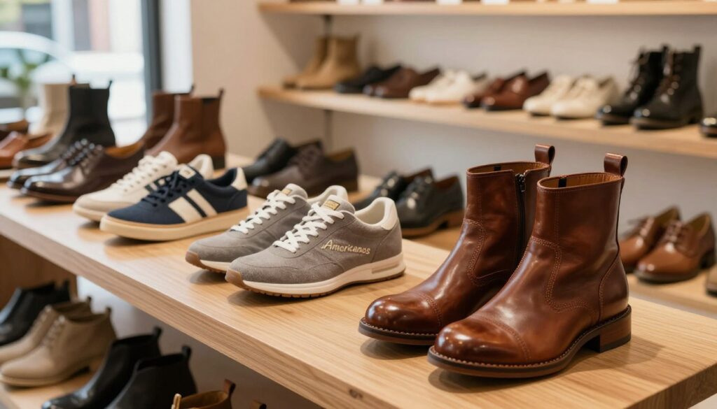 A stylish display of "Americanos" shoes, showcasing a variety of designs and colors, arranged artfully on a sleek wooden surface. The foreground features a pair of elegantly designed brown leather boots, with intricate stitching and a polished finish, reflecting soft light. In the middle, a collection of other footwear styles, including casual sneakers and formal shoes, pops against neutral-toned backgrounds. The background highlights a cozy, modern boutique setting with warm lighting and stylish shelving that adds a homely touch. The atmosphere conveys sophistication and comfort, evoking a sense of quality and craftsmanship in footwear. Natural sunlight filters through a window, creating a welcoming, inspirational mood for the image. A stylish display of "Americanos" shoes, showcasing a variety of designs and colors, arranged artfully on a sleek wooden surface. The foreground features a pair of elegantly designed brown leather boots, with intricate stitching and a polished finish, reflecting soft light. In the middle, a collection of other footwear styles, including casual sneakers and formal shoes, pops against neutral-toned backgrounds. The background highlights a cozy, modern boutique setting with warm lighting and stylish shelving that adds a homely touch. The atmosphere conveys sophistication and comfort, evoking a sense of quality and craftsmanship in footwear. Natural sunlight filters through a window, creating a welcoming, inspirational mood for the image.