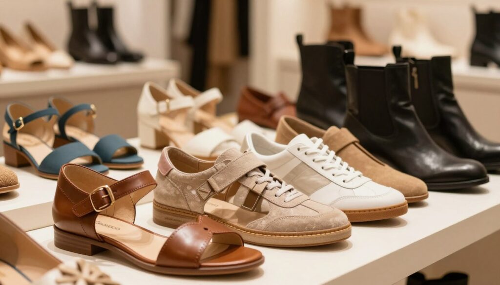 A stylish display of Gioseppo footwear, showcasing various elegant and modern shoe designs, including sandals, sneakers, and ankle boots. The foreground features a close-up of a polished pair of Gioseppo shoes, highlighting their intricate details like stitching and textures. In the middle ground, an assortment of shoes is arranged attractively, emphasizing diversity in colors and styles, reflecting the brand's Spanish heritage. The background depicts a softly blurred boutique setting, with warm ambient lighting that creates an inviting atmosphere. The overall mood conveys sophistication and quality, suitable for an article about a reputable shoe brand. The image should capture a sense of fashion and practicality, inviting viewers to explore the offerings.