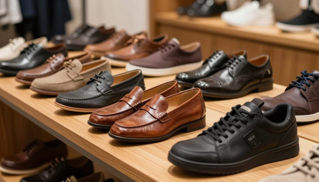 A stylish display of men's Dockers shoes arranged on a polished wooden shelf. In the foreground, focus on a pair of classic leather loafers in rich brown and a pair of sleek black sneakers with subtle branding. In the middle, showcase a variety of other Dockers styles, including casual canvas shoes and formal lace-ups, all neatly positioned to highlight their texture and craftsmanship. The background should be softly blurred retail shop ambiance with warm lighting to create an inviting atmosphere. Aim for a polished, sophisticated feel that reflects the quality and versatility of the Dockers brand. The angle should be slightly above the shelf level, capturing the depth of the collection while emphasizing the shoes. A stylish display of men's Dockers shoes arranged on a polished wooden shelf. In the foreground, focus on a pair of classic leather loafers in rich brown and a pair of sleek black sneakers with subtle branding. In the middle, showcase a variety of other Dockers styles, including casual canvas shoes and formal lace-ups, all neatly positioned to highlight their texture and craftsmanship. The background should be softly blurred retail shop ambiance with warm lighting to create an inviting atmosphere. Aim for a polished, sophisticated feel that reflects the quality and versatility of the Dockers brand. The angle should be slightly above the shelf level, capturing the depth of the collection while emphasizing the shoes.