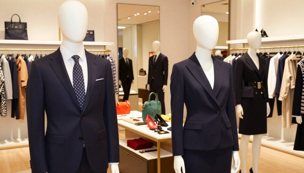 A stylish fashion scene capturing the essence of Daniel Hechter's brand, featuring a diverse group of elegantly dressed models showcasing contemporary yet timeless menswear and womenswear. In the foreground, a male model dons a sharp navy suit with a playful yet classic patterned tie, while a female model wears a chic tailored dress with a sophisticated cut. In the middle ground, a high-end boutique filled with racks of impeccably designed clothing and vibrant accessories. The background features soft, warm lighting, highlighting the luxurious atmosphere of the store. The camera angle is slightly elevated, providing a clear view of the fashionable displays while maintaining a cozy, inviting ambiance, emphasizing the unique characteristics of Daniel Hechter's style compared to competitors. A stylish fashion scene capturing the essence of Daniel Hechter's brand, featuring a diverse group of elegantly dressed models showcasing contemporary yet timeless menswear and womenswear. In the foreground, a male model dons a sharp navy suit with a playful yet classic patterned tie, while a female model wears a chic tailored dress with a sophisticated cut. In the middle ground, a high-end boutique filled with racks of impeccably designed clothing and vibrant accessories. The background features soft, warm lighting, highlighting the luxurious atmosphere of the store. The camera angle is slightly elevated, providing a clear view of the fashionable displays while maintaining a cozy, inviting ambiance, emphasizing the unique characteristics of Daniel Hechter's style compared to competitors.