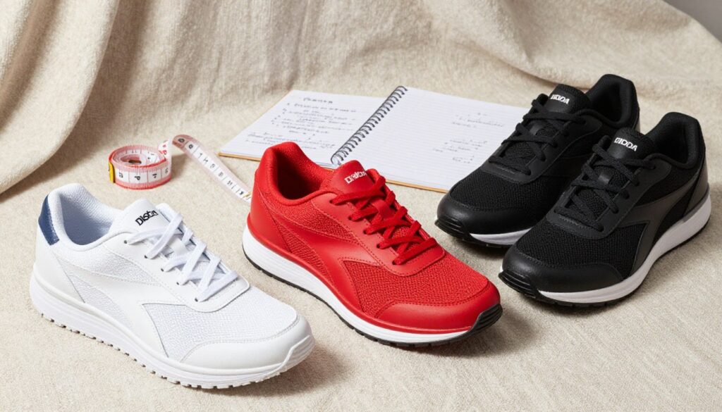 A stylish flat lay arrangement showcasing three pairs of Diadora shoes, emphasizing comfort and choice in athletic footwear. The foreground features shoes in various color schemes: a classic white, vibrant red, and sleek black, with each pair angled slightly to highlight their unique designs. The middle layer includes a measuring tape and a notepad with notes about product features, such as cushioning and material quality, reflecting the thoughtful decision-making process when selecting footwear. In the background, a neutral textured fabric softly drapes, creating an inviting and warm atmosphere. Soft natural lighting enhances the shapes and textures of the shoes, creating a professional yet approachable feel. No people are present, allowing the products to take center stage in this aesthetic composition.